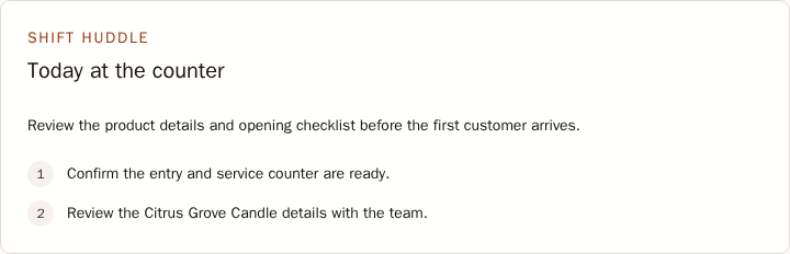 Employee shift link showing the manager’s saved pre-shift huddle and priorities.