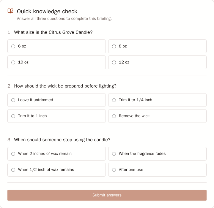 Unanswered three-question knowledge check on the employee shift page.